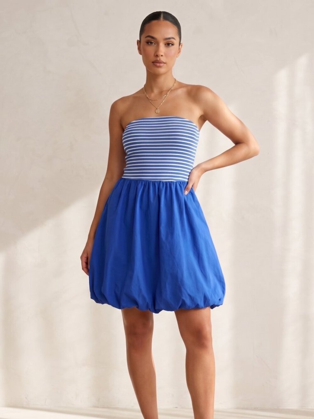 NWT | KIRUNDO Royal Blue Striped Strapless Bubble Hem Mini Dress Large